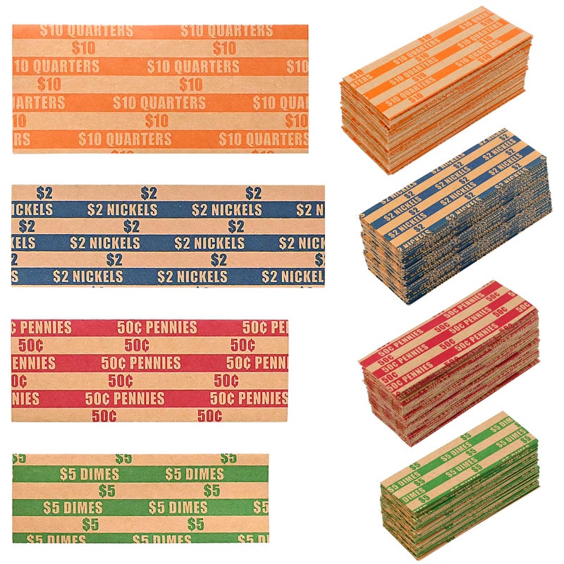 L LIKED 300 Assorted Flat Striped Coin Wrappers, 75 of Each Pennies, Nickels, Dimes and Quarters - Image 1
